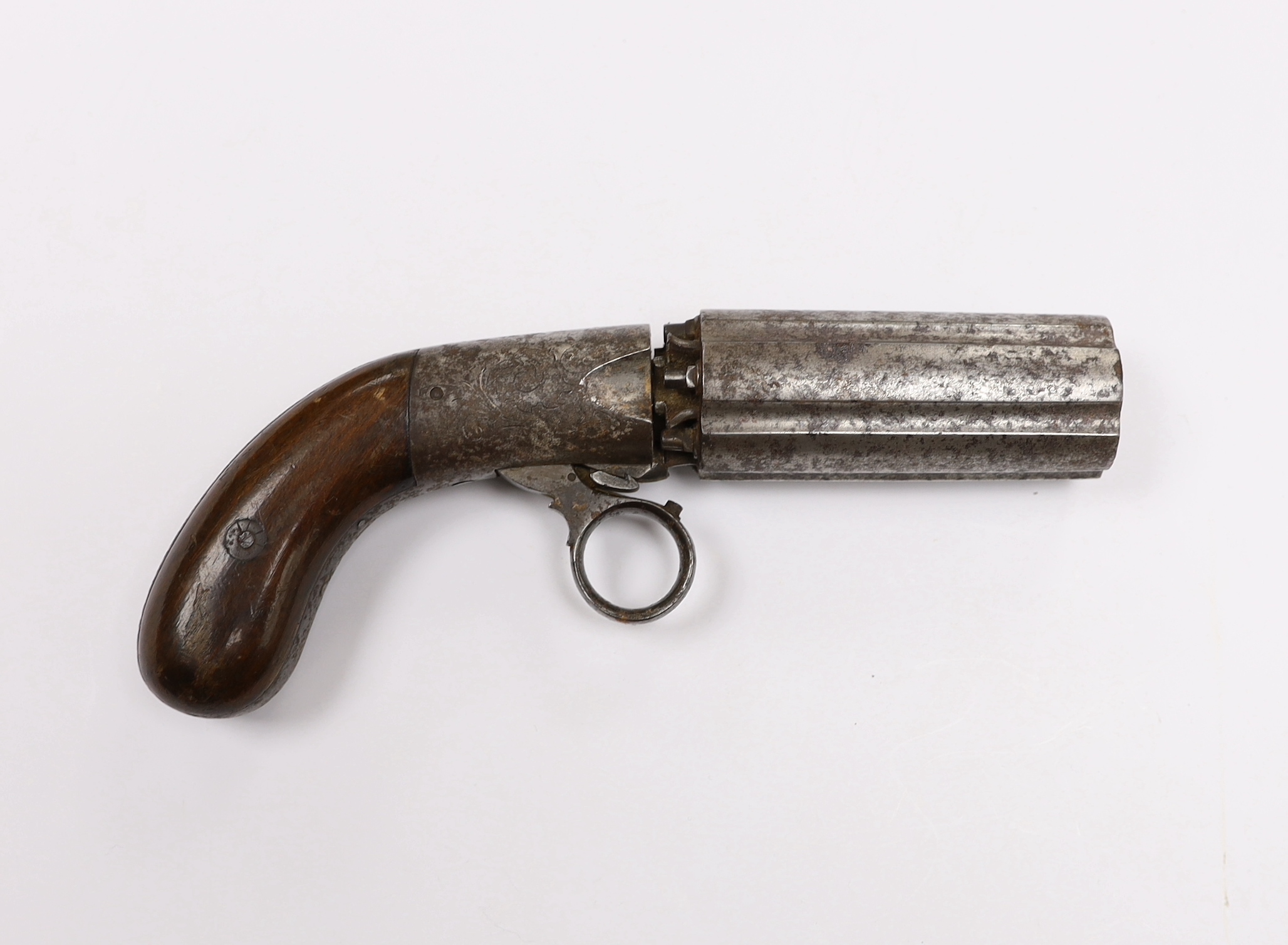 A 19th century, six barrel under action percussion pistol, with engraved lock and walnut grip, stamped ‘Coopers patent’, barrel 8.6cm